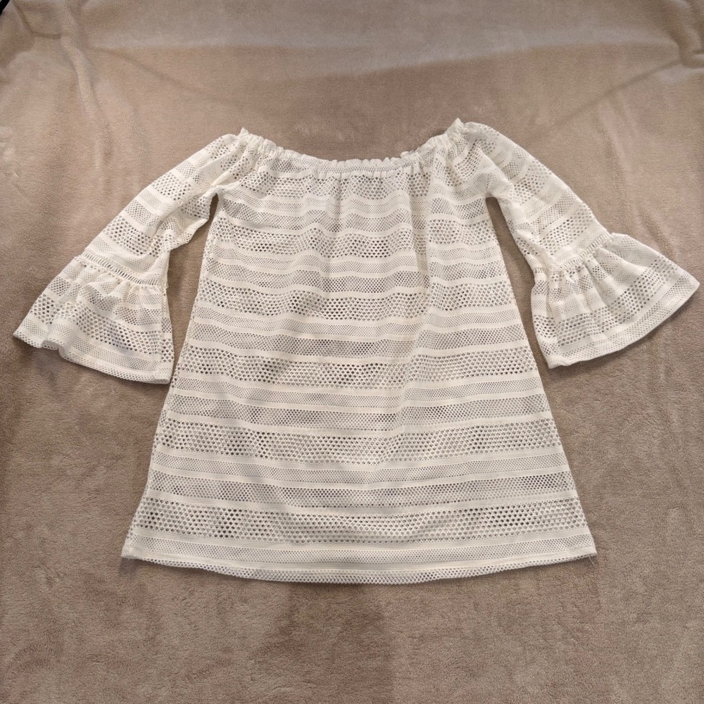 White Crochet Lace Off Shoulder Swim Cover Up Boho Beach Summer Vacation SZ M - Picture 2 of 9
